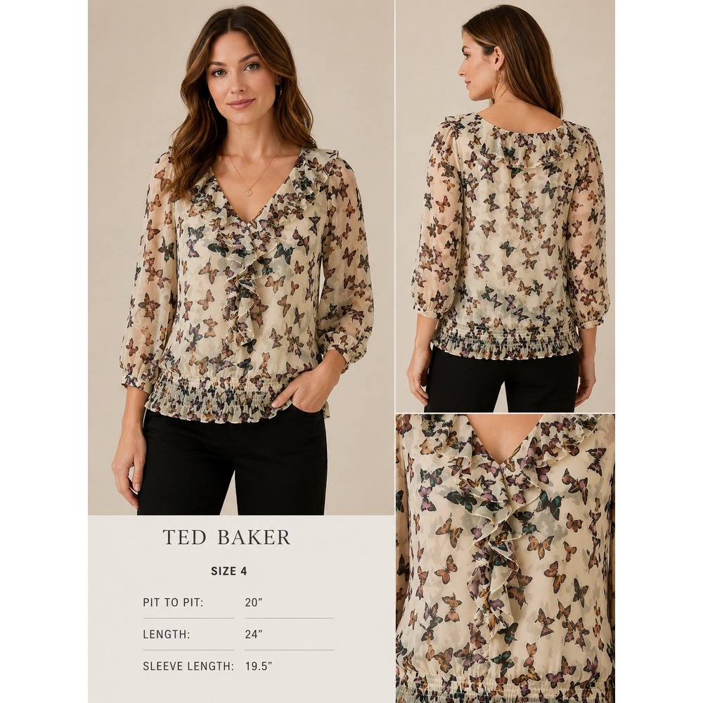 Ted Baker London Butterfly Print Ruffle Smocked Blouse Cream Tan Size 4 US 10-12